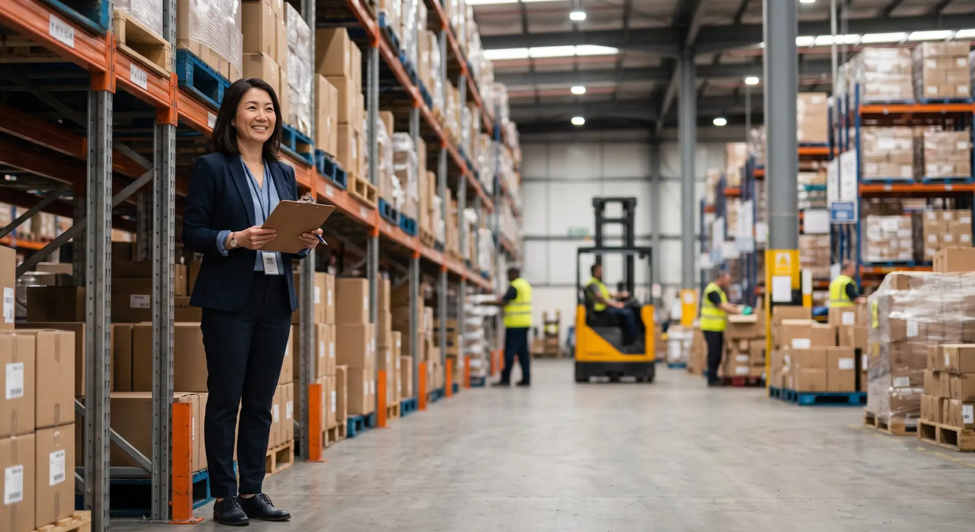 A full-length photo of a woman in a dark business suit standing in a warehouse aisle. She holds a clipboard and looks towards the left, with tall shelves of boxes, a forklift, and other workers in the background.
